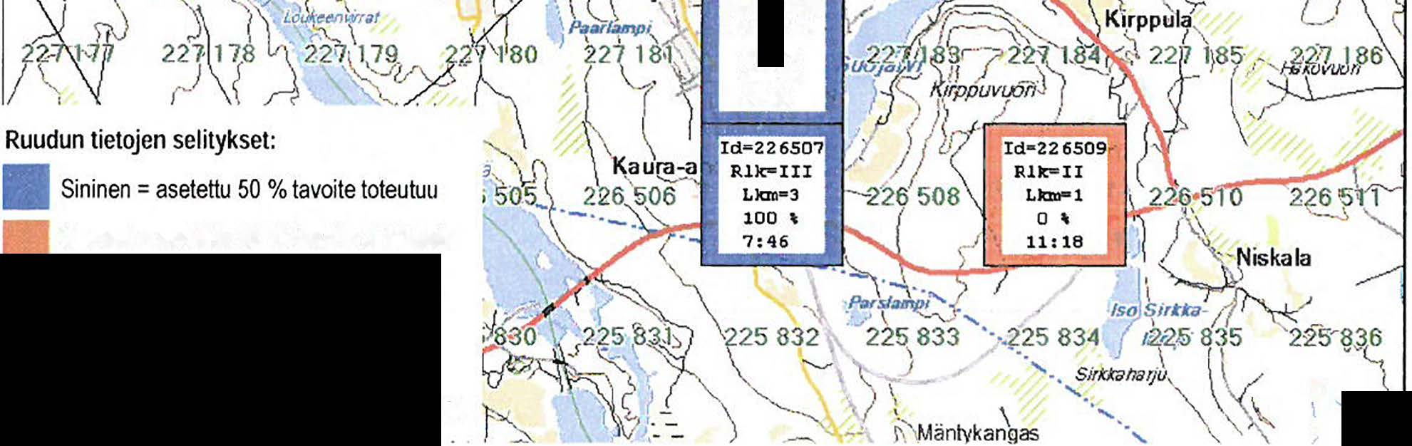 i \ ld 227182 Rlk-III Llao 3 100 \ 9:05 Oranssi = asetettu 50 % tavoite ei toteudu ld = riskiruudun id-numero Rlk = riskiluokka Lkm = tehtävien lukumäärä ruudussa % = tavoitteen