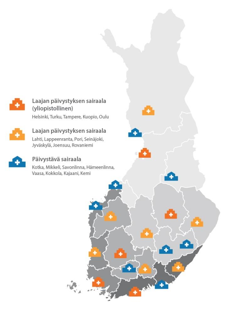 Jatkossa sosiaalipäivystystä olisi tarjolla myös noin 20 suurimmasta sairaalasta: 12 laajan ympärivuorokautisen päivystyksen yksikköä: 5 yliopistollista sairaalaa: Helsinki + HUS alue, Turku,