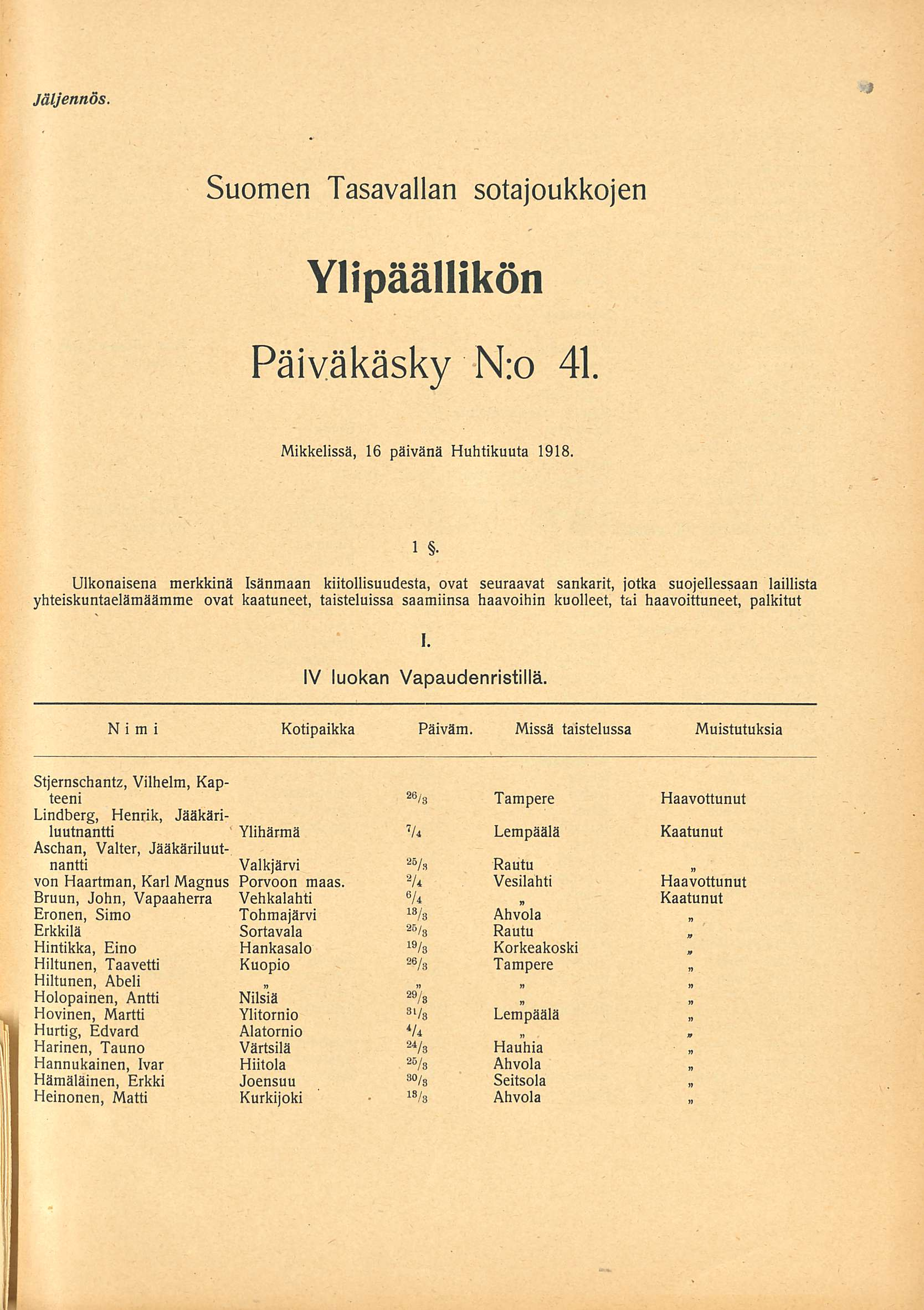 is Jäljennös. Suomen Tasavallan sotajoukkojen Ylipäällikön Päiväkäsky N:o 41. Mikkelissä 16.04.1918 1.