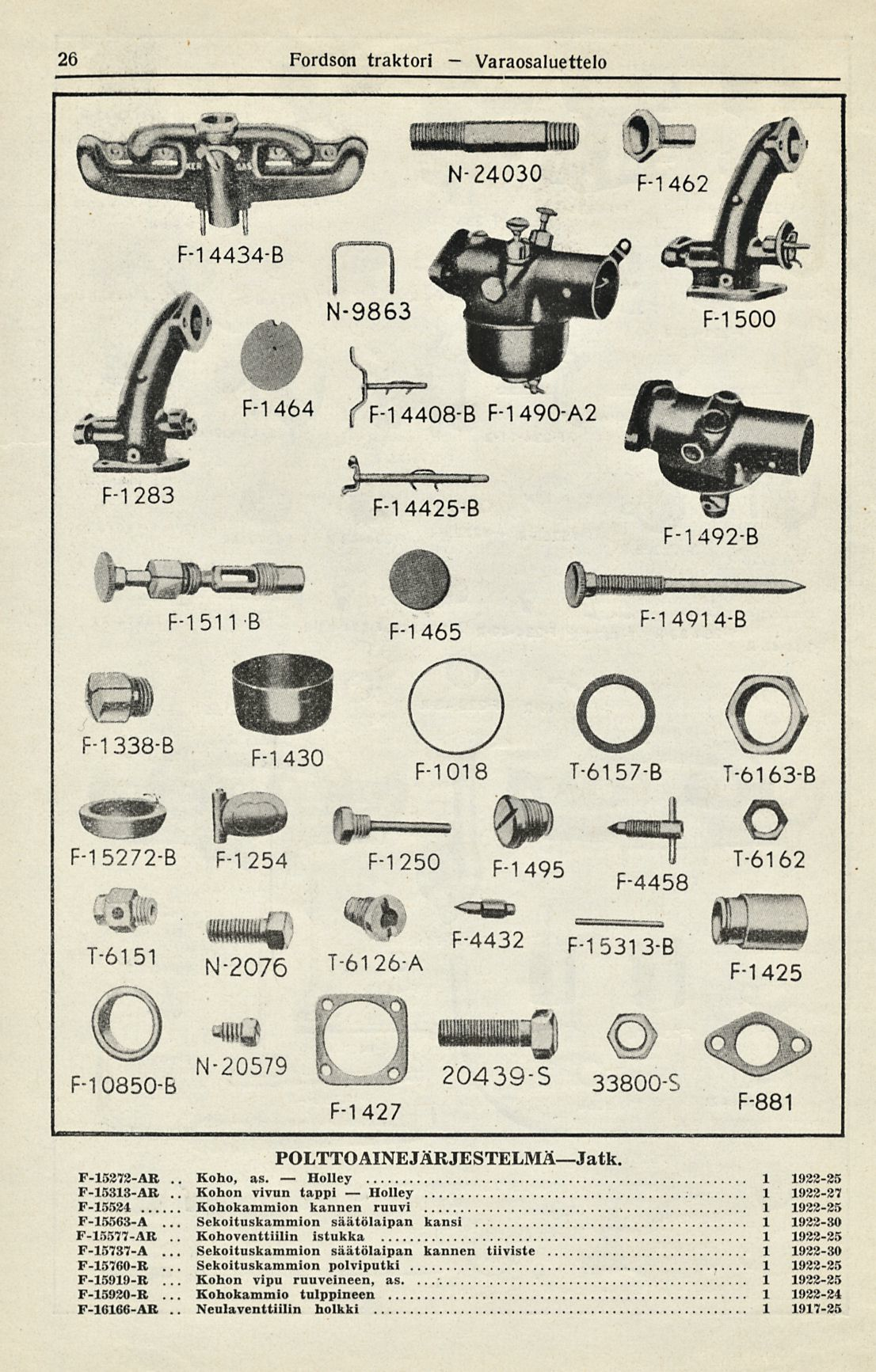 Kohoventtiilin Sekoituskammion Holley Holley 26 Fordson traktori - Varaosaluettelo... POLTTO AINEJÄRJESTELMėJatk. F-5272-AE.. Koho, as. 922-25 F-533-AB.