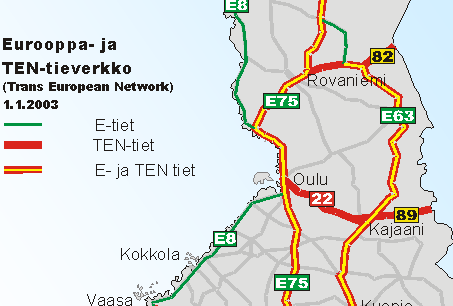 Valtatie 22 kuuluu yleiseurooppalaiseen TEN-tieverkkoon (Trans European Network). Tie on osa poikittaista tieyhteyttä Ruotsista Tornion raja-asemalta Vartiuksen raja-aseman kautta Venäjälle.