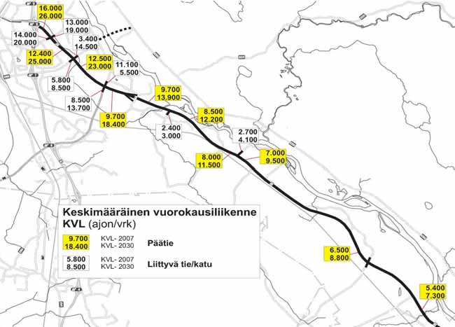 22 VT 22 kehittämisselvitys välillä valtatie 4 kaupungin raja LÄHTÖKOHDAT Ennuste Liikenne-ennusteina on käytetty Oulun seudun liikennemallin liikenneennustetta sekä Tiehallinnon ennustetta
