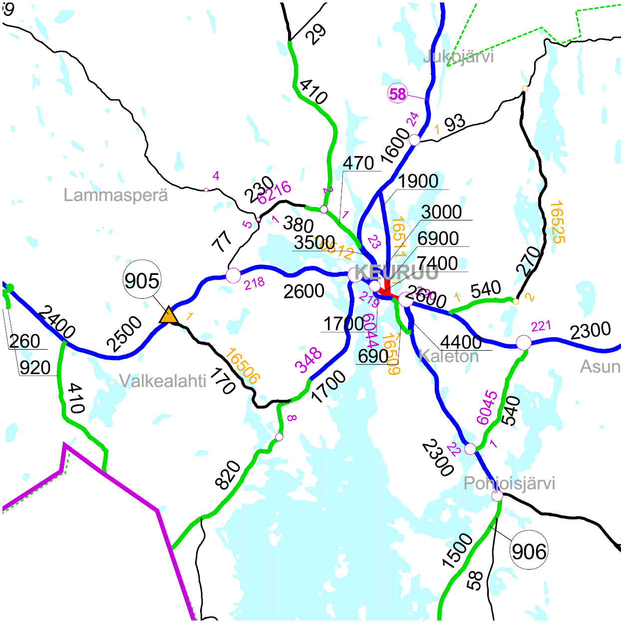 FCG Finnish Consulting Group Oy 62 (147) 6.3 Liikenneverkko Keuruun keskustan läpi kulkevat valtatie 23 (Jyväskylä-Pori) ja kantatie 58 (Mänttä/Vilppula-Ähtäri).