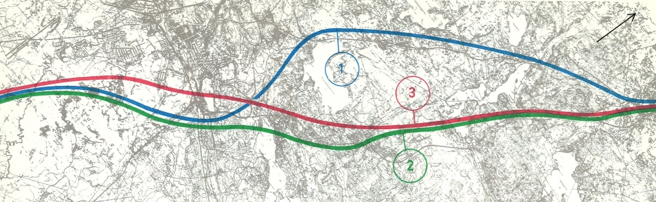 Kuva 1. Valtatien 4 5 vaihtoehtoiset suunnat Lahden kohdalla. (Lahden kaupunkiseudun tieverkko 1967) Kuva 2. Valtatien 12 vaihtoehtoiset suunnat Lahden kohdalla.