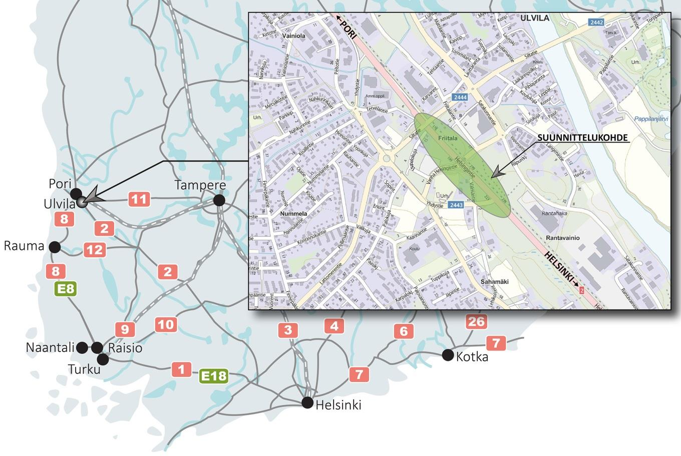 4 1. LÄHTÖKOHDAT JA NYKYTILA 1.1 Suunnittelukohde Suunnittelukohteena on valtatien 2 ja maantien 2444 (Siltatie) eritasoliittymä (Friitalan eritasoliittymä) ja siihen liittyvät tieyhteydet.