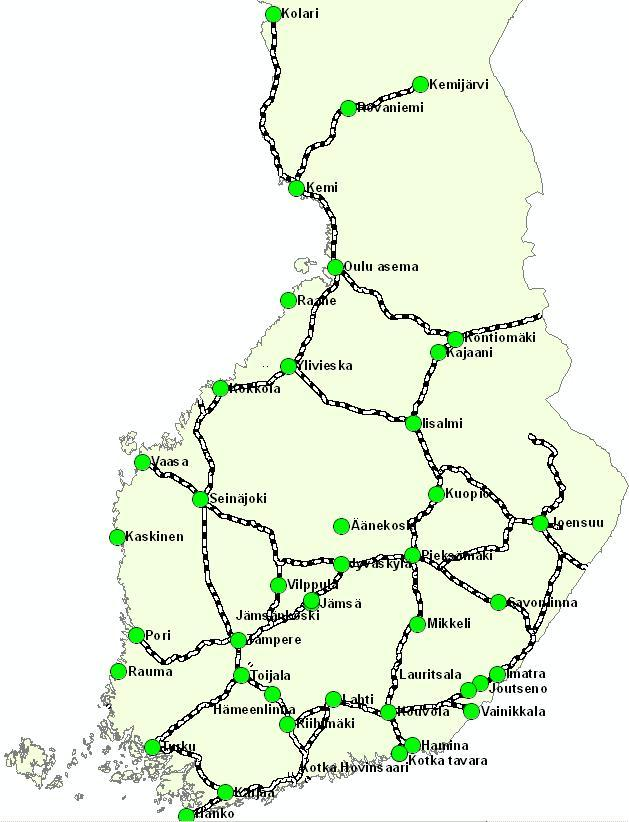 14 2.1.2 Veturien seisontaraiteet Toisessa vaiheessa annettiin toimeksi koota geometria-aineisto 50 rautatieliikennepaikalta ympäri Suomea.
