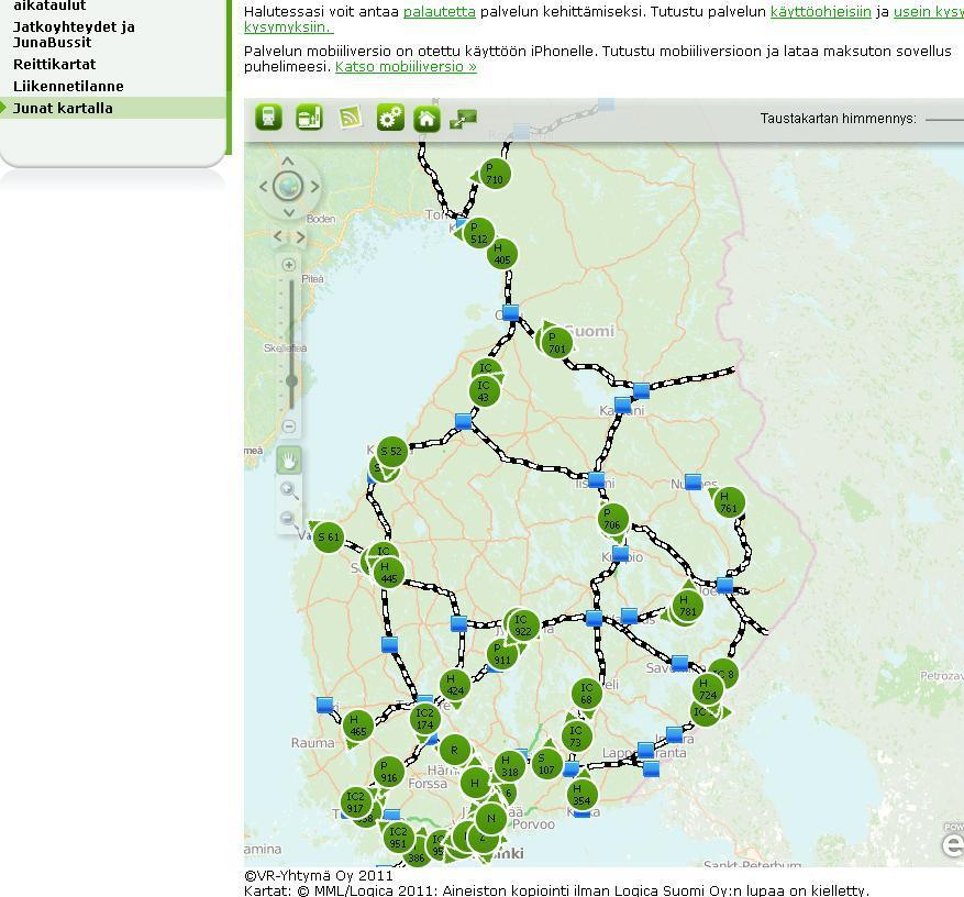 32 Kuvissa 16 ja 17 on esitetty ote "Junat kartalla" -sivustosta ja siitä, miltä näyttää tarkennettuna yksiraiteinen rataosa Iisalmi Ylivieska.