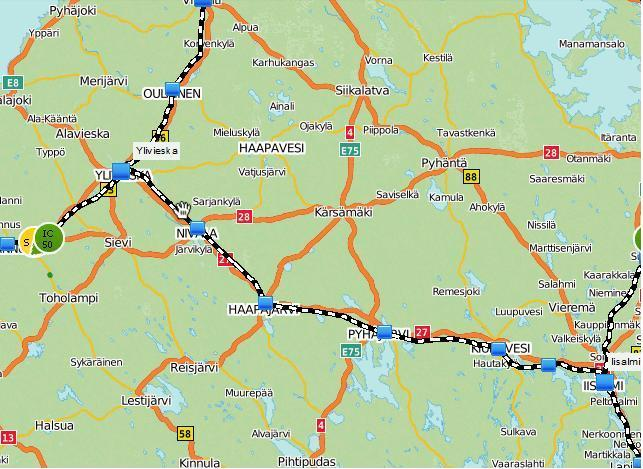 33 Kuva 17. Kuvan näkymä on VR:n internet-palvelun Junat kartalla -sovelluksesta lähennettynä Ylivieska Iisalmi rataosaan.