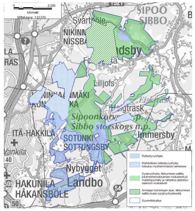 NATURA-ARVIOINTI 95 Kuva 12-1 Sipoonkorven Natura-alueen hoito- ja käyttösuunnitelmassa esitetty vyöhykejako.