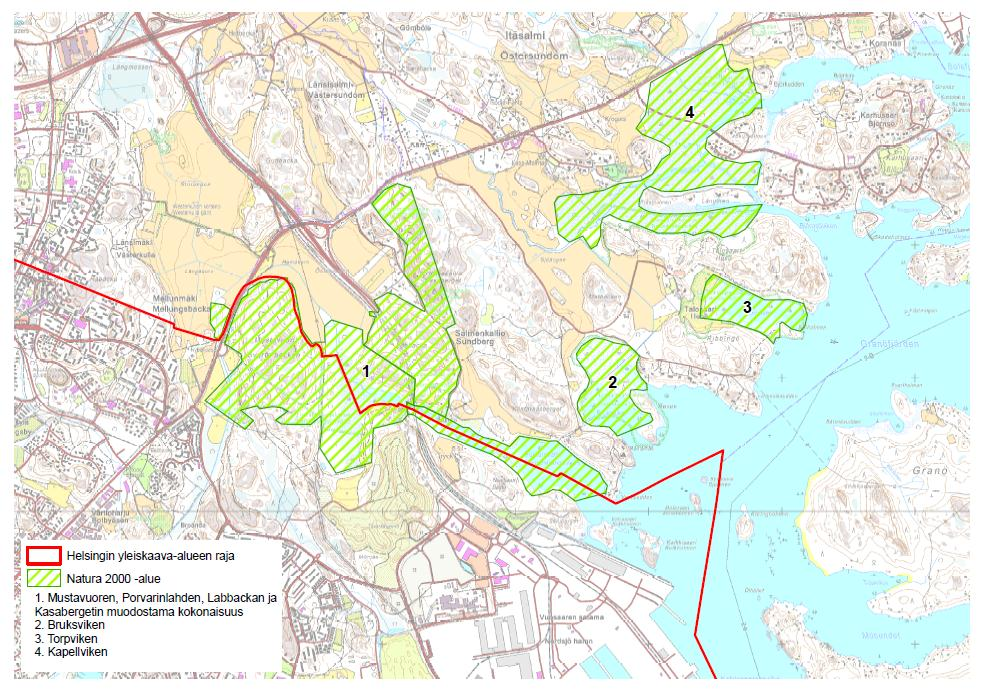 NATURA-ARVIOINTI 18 6 MUSTAVUOREN LEHTO JA ÖSTERSUNDOMIN LINTUVE- DET 6.1 Sijainti ja yleistiedot Mustavuoren lehto ja Östersundomin lintuvedet Natura-alue (FI0100065) sijaitsee Helsingin itäosassa.