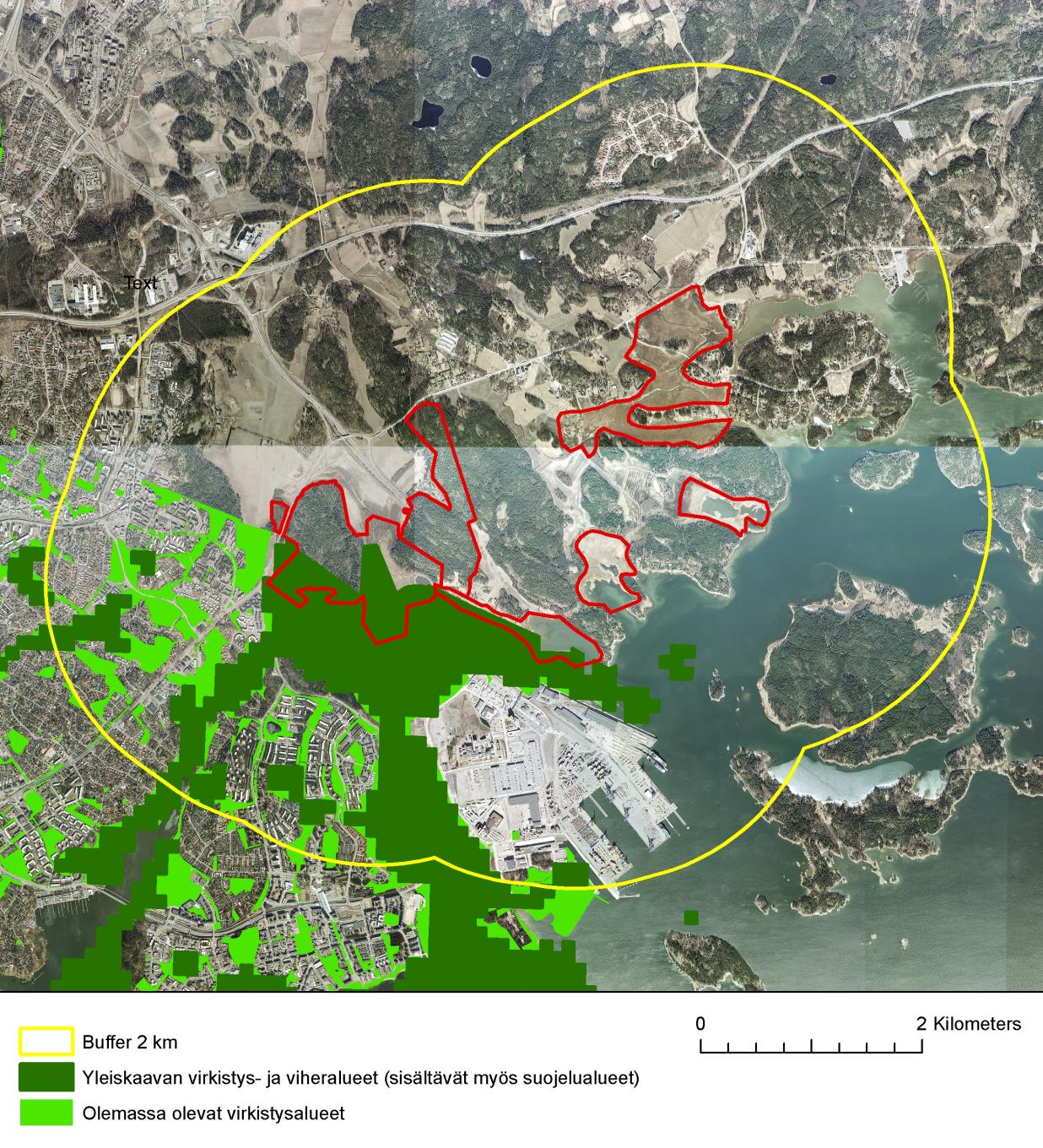 NATURA-ARVIOINTI 27 Kuva 6-3 Yleiskaavassa virkistykseen osoitetut alueet ja nykyiset virkistys- ja viheralueet (sisältävät myös suojelualueet) kahden kilometrin etäisyydellä Mustavuoren lehto ja