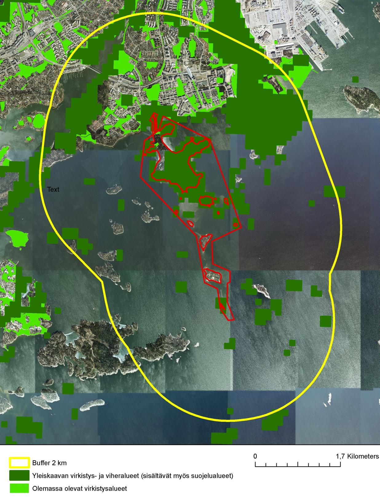 NATURA-ARVIOINTI 69 Kuva 8-2 Yleiskaavassa virkistykseen osoitetut alueet ja nykyiset virkistys- ja viheralueet (sisältävät myös suojelualueet) kahden kilometrin etäisyydellä Kallahden