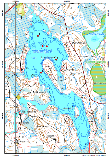 12 Kuva 2. Martinjärven näytteenottopaikat ja syvyyskäyrät 0,5 metrin välein (Pekka Forsman, GTK, henkilökohtainen tiedonanto).