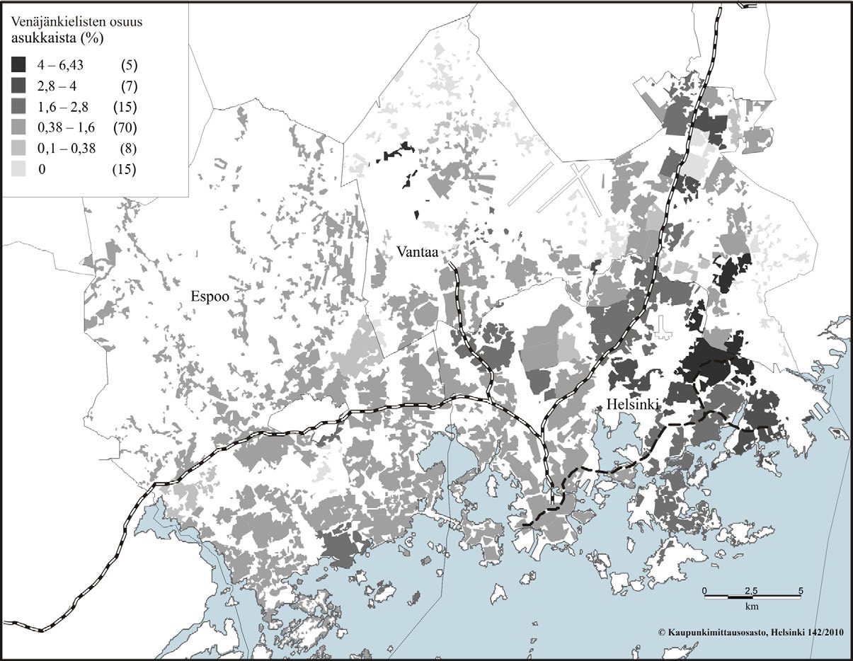 Vuonna 2008 Suomessa asuvista venäjänkielisistä 3 41 % oli sijoittunut pääkaupunkiseudun kolmeen suurimpaan kuntaan (Asuntokuntatilastoja 2008).