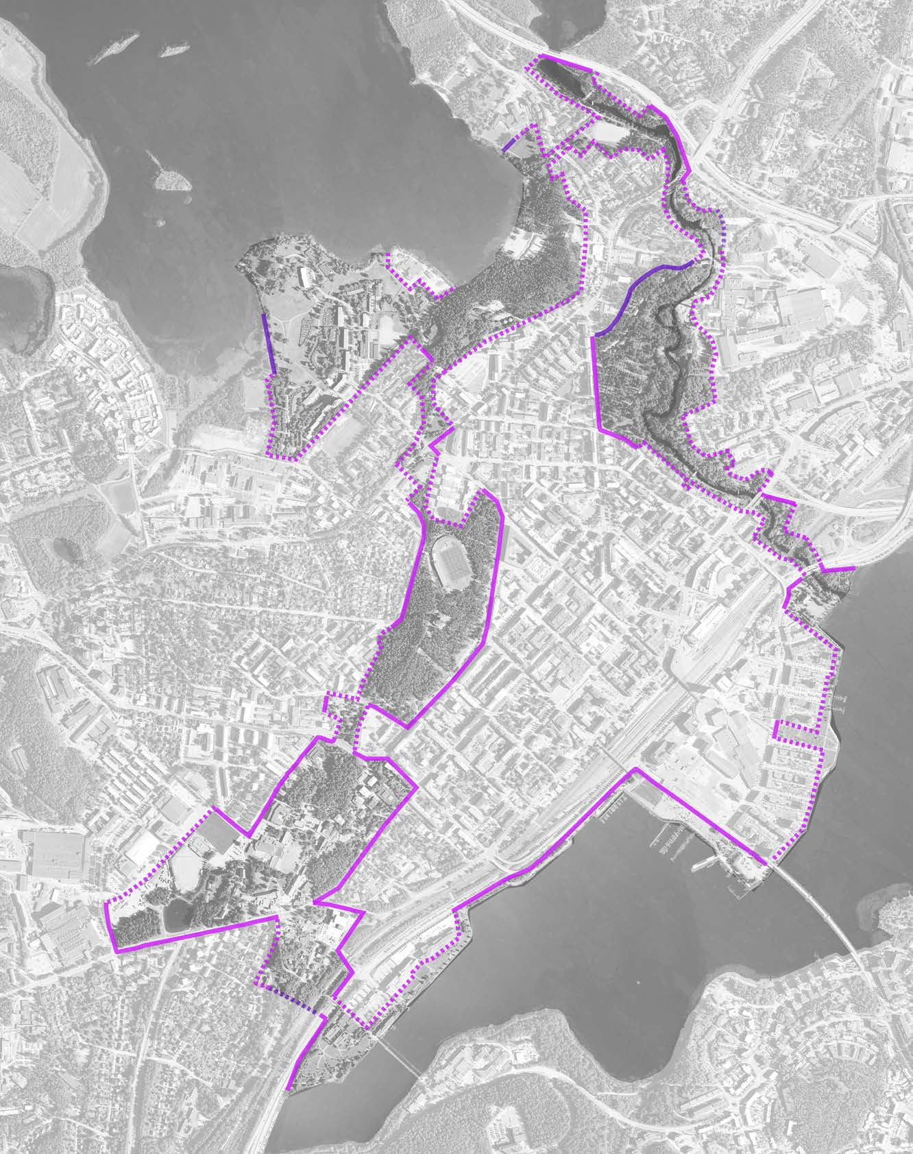 P 0 500m Aidattu vesilaitoksen alue jätetään aluerajauksen ulkopuolelle. Kehä Viheä päättyy Taulumäen alueen vaihettuessa Kivelänrannaksi, jonne on suunnitteilla uutta asuinrakentamista.