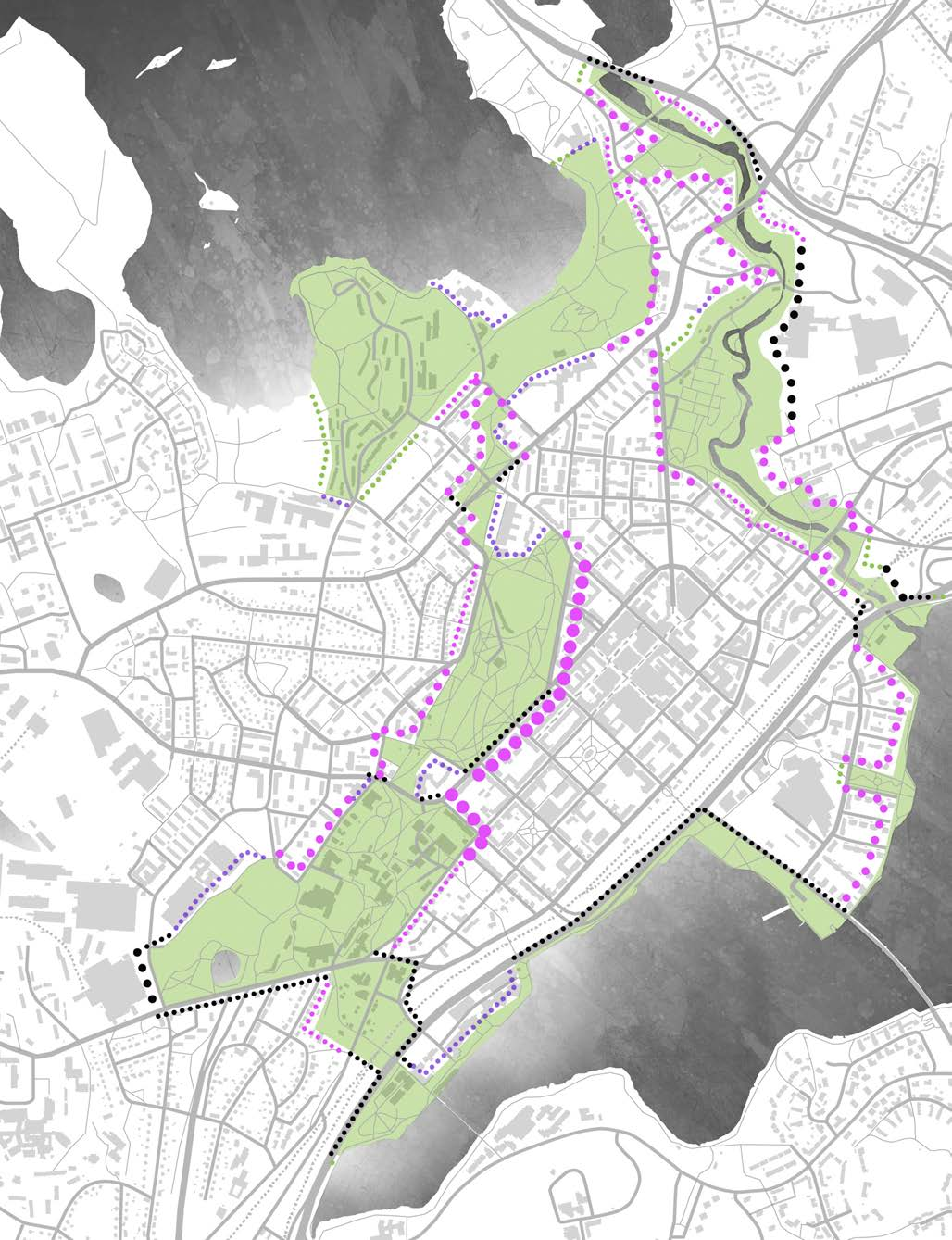 rajautuminen tiiviiseen kerrostalokorttelirakenteeseen rajautuminen väljähköön kerrostalokorttelirakenteeseen rajautuminen pientaloalueeseen rajautuminen teollisuusalueeseen (oleva/poistuva)