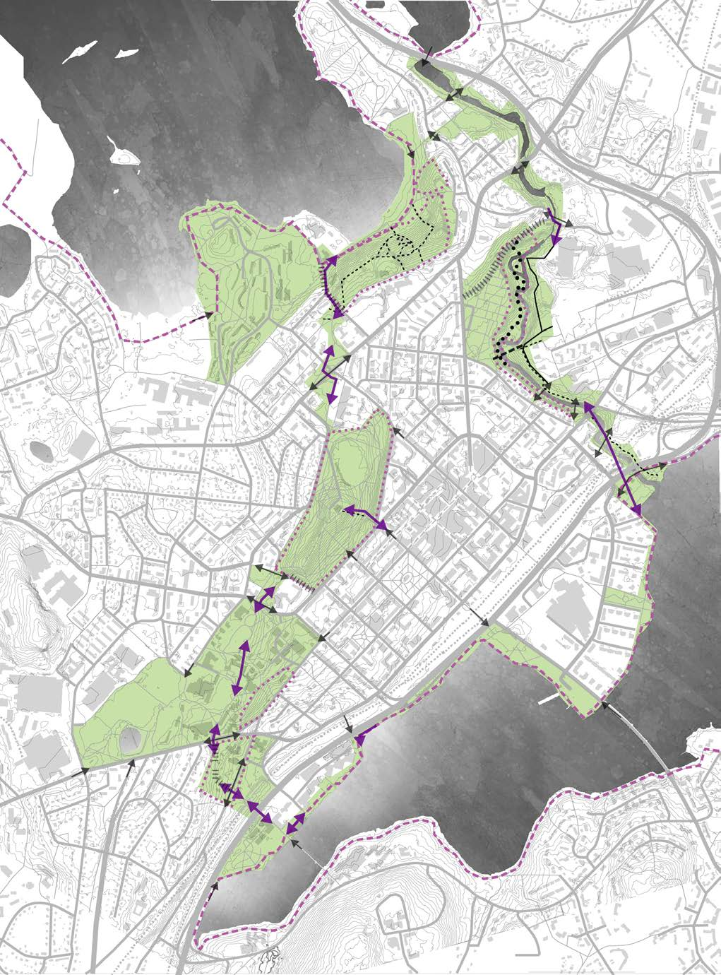 Olevat reitit, epäjatkuvuuskohdat sekä kaavoitukseen merkityt uudet reitit. Karttaan merkitty kirjaimin viereisen sivujen kuvien ottopaikat.