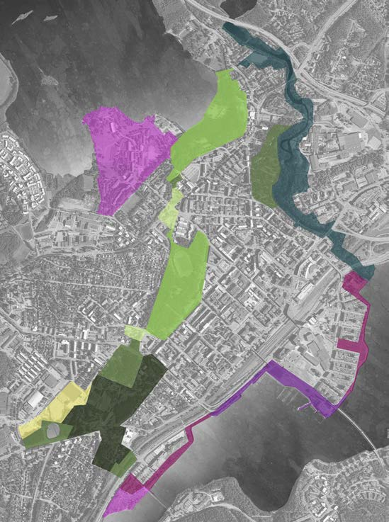 4.1. OSA-ALUEET Kehä Vihreän voi jakaa karkeasti kolmeen aluekokonaisuuteen: 1. Harjumaisiin Seminaarimäen, Harjun ja Taulumäen muodostamiin kokonaisuuksiin* VIITANIEMI TAULUMÄKI 2.