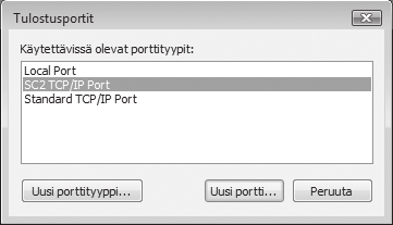 4 Valitse [SC2 TCP/IP Port] ja napsauta [Uusi portti]-painiketta. 5 Luo uusi portti. Valitse Windows 98/Me-käyttöjärjestelmissä [Muu], [SC2 TCP/IP Port] ja napsauta [OK]-painiketta.