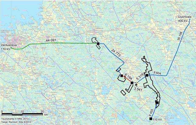 TOHOLAMPI-LESTIJÄRVEN TUULIPUISTO, YMPÄRISTÖVAIKUTUSTEN ARVIOINTIOHJELMA 17 Poisjättämisen perusteena oli se että linja halkaisisi Lestijoen yläjuoksun (Jatkoneva) ja Paukanevan Natura-alueen