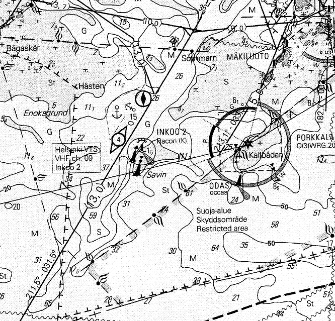 RL 14.12.2007 Teht. 1 Ajat Porkkalan majakan eteläpuolella länteen. Varakompassi näyttää KS= 256º.