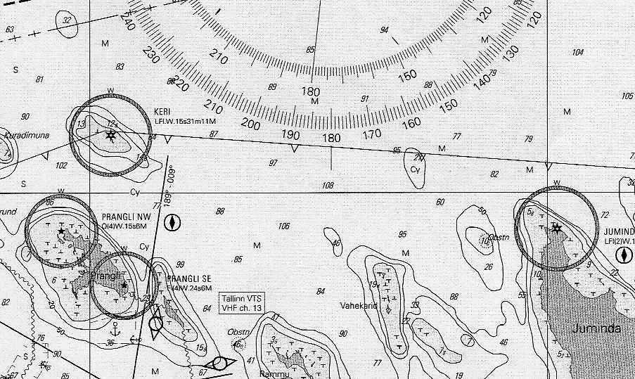 RL 14.12.2007 Teht. 7 Jatkat matkaasi itään 10 solmun nopeudella kompassisuuntaan KS=077º. Suunnit majakan Keri kompassisuuntimassa ks=130º ja tunnin kuluttua uudestaan kompassisuuntimassa ks=234º.