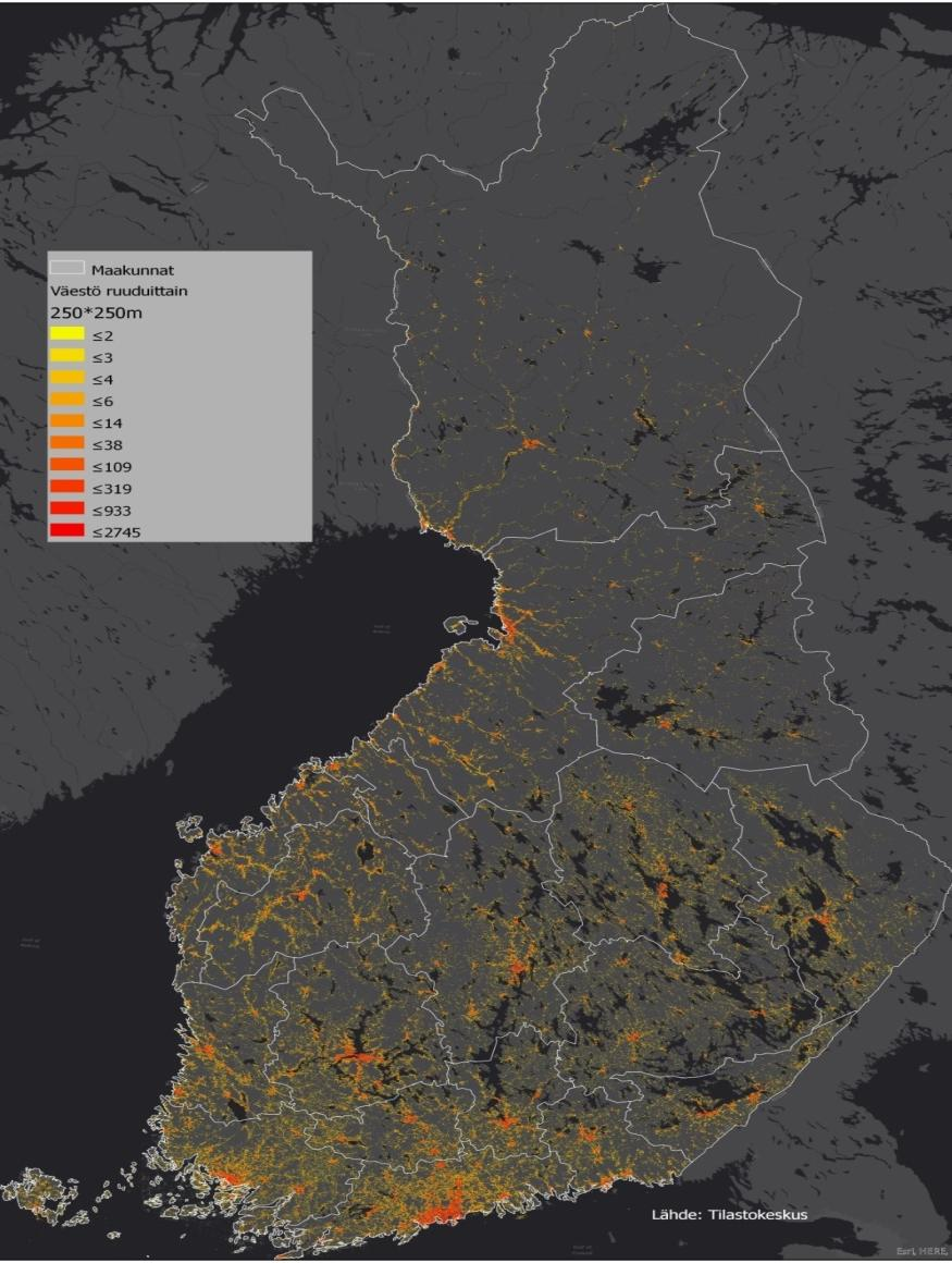 ALUERAKENTEEN MUUTOS JA VÄESTÖMÄÄRÄ 250 X 250 METRIN RUUDUISSA Suomen maapinta-ala: -Vakituisesti asuttujen ruutujen määrä 6,7 % - Asumattomien ruutujen määrä 93,3 % vuoden 2015 lopussa Suomen