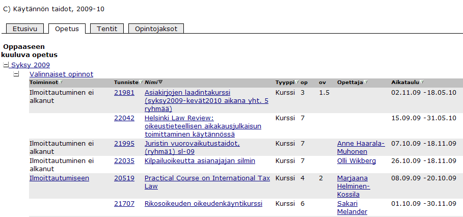 Etusivulle on kerätty yleistä tietoa seminaareista sekä lueteltu sellaiset harjoitusseminaarit,