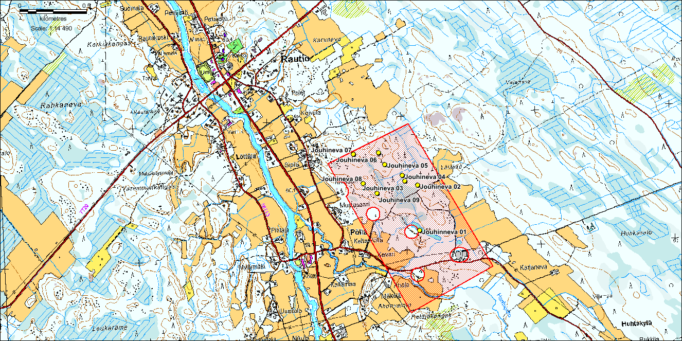 Kuva 2. Jouhinevan valtausalue. Karttaan on merkitty keltaisin pistein myös käsinäytteiden ottopaikat. Figure 2. Jouhineva claim area.