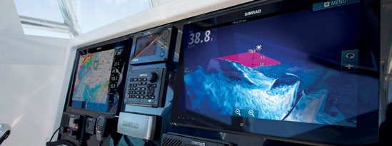 päällä ScanTrack -kääntö-, kallistusja kierto-ohjaimet Paranneltu SideScan Skimmer -kaikuanturi StructureScan3D näyttää kalojen piilopaikan kalliorakenteessa. Kuvauspaikka Nelson, Uusi-Seelanti.