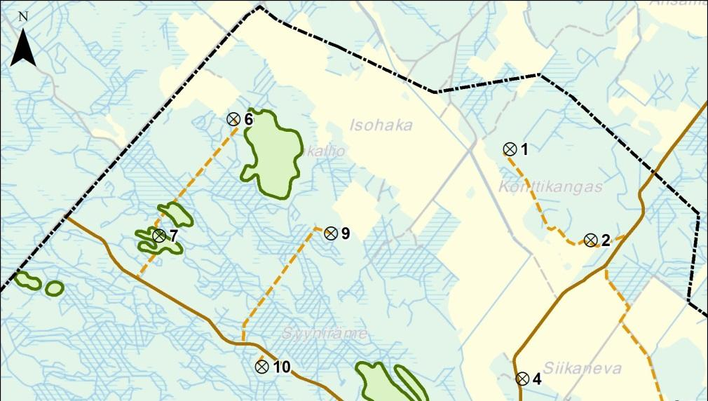 13 Kuva 2-12. Selvitysalueella esiintyvät huomioitavat luontokohteet: metsälain mukaiset kivikkoiset ja kallioiset metsät. 2.3 Vaikutukset kasvillisuuteen Tuulivoimahankeen kasvillisuusvaikutukset keskittyvät rakennusvaiheeseen.