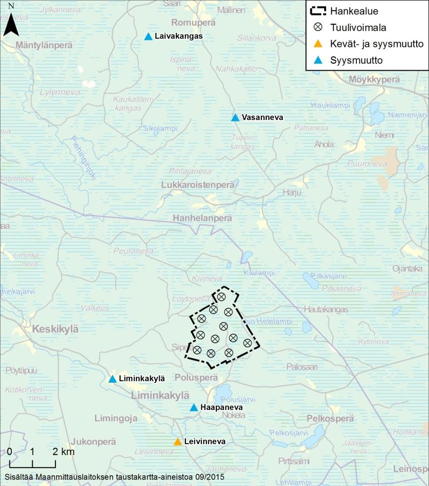 25 Kuva 3-1. Muuttolintuselvitysten tarkkailupisteet syksyllä 2014 ja keväällä 2015.