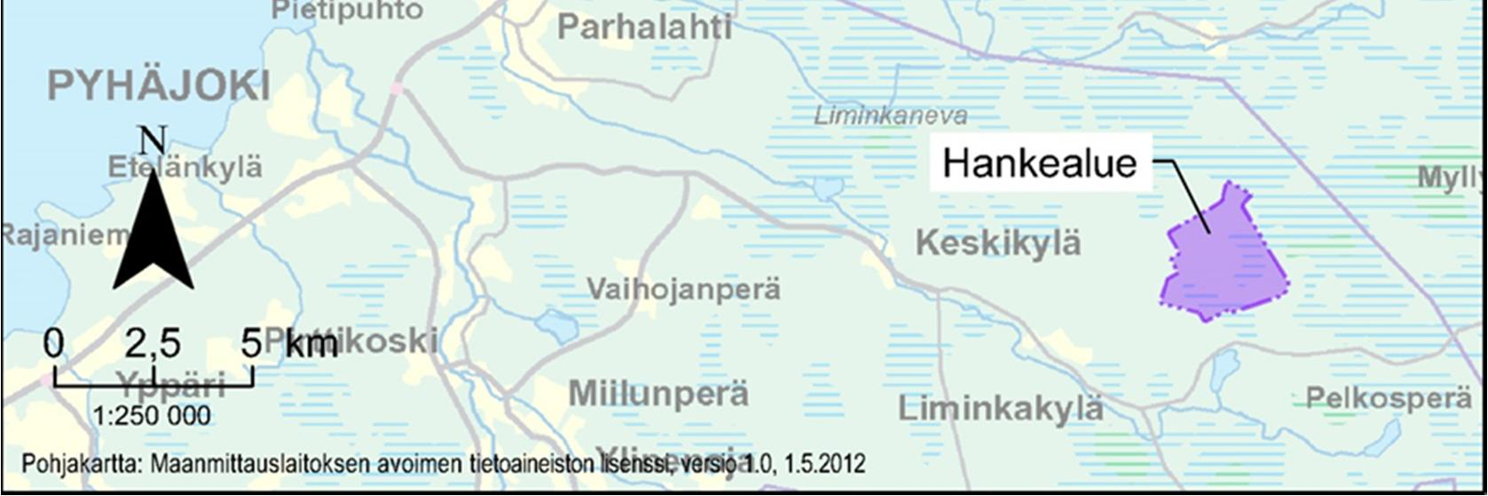 Sähköasemaa suunnitellaan Fingridin olemassa olevan voimalinjan viereen hankealueen länsipuolella. Kuva 1-1. Suunnitellun Polusjärven tuulivoimapuiston sijainti.