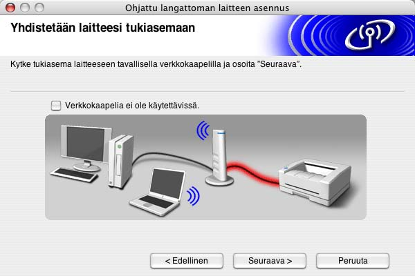 Langattoman verkon asetukset (Macintosh ) 8 Kytke langaton Brother-laite tukiasemaan verkkokaapelilla ja osoita Seuraava. Siirry vaiheeseen 12.