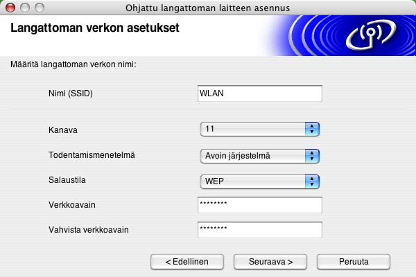 Langattoman verkon asetukset (Macintosh ) 14 Jos verkossa käytetään todentamista ja salausta, näyttöön tulee seuraava ilmoitus.