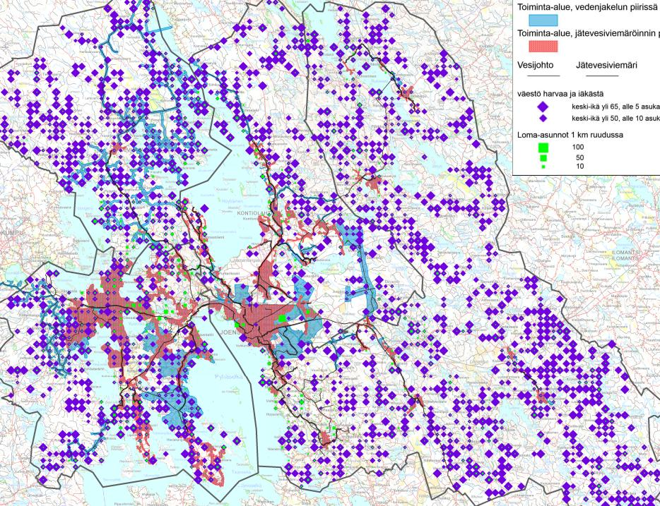 HAJA-ASUTUKSEN VESIHUOLTO Suunnitelma-alueen vesijohtoverkosto melko kattava, vain noin 13 % eli 13 800 asukasta on yhteisen vedenjakelun ulkopuolella.