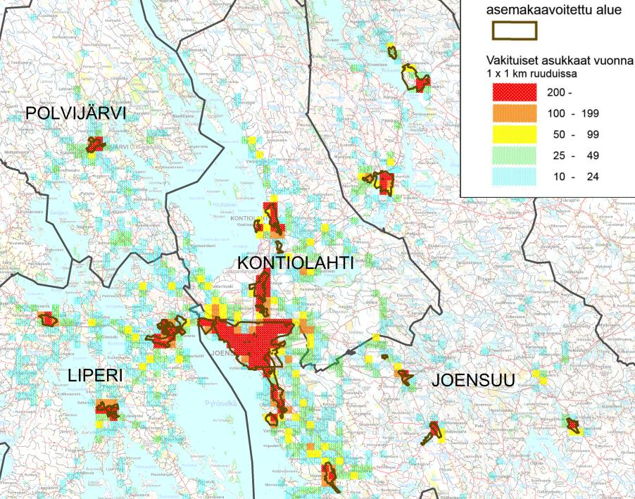 YHDYSKUNTARAKENNE JA VÄESTÖNKEHITYS 106 666 asukasta (vuonna 2014) Asutuksesta on sijoittunut taajamiin noin 80 % ja kyläalueille noin 9 %. Pohjois-Karjalan väestökehitystä kuvaavat mm.