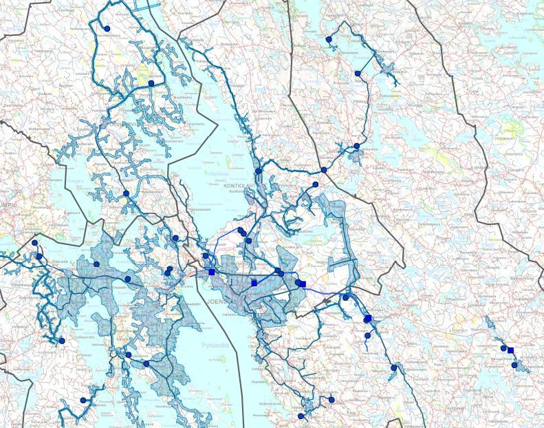 VEDENJAKELU Vesihuoltolaitosten välillä on niin toiminta-alue kuin kuntarajoja ylittäviä yhdyslinjoja. Laadittu suurpiirteinen kartta vedenottamoiden vedenjakelualueista mm.