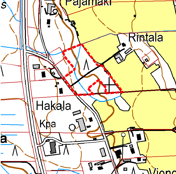 Ote peruskartasta. Suunnittelualue rajattu punaisella. HANKKEEN KUVAUS Rantayleiskaavan muutos laaditaan vuonna 2004 tehty palstoitussuunnitelma huomioiden.