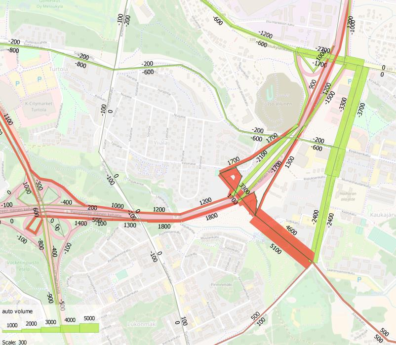 LIIKENNEMÄÄRÄVERTAILU VE2 VE0 (AJON/VRK) Tutkittu vaihtoehtoja, joissa vain Kaukajärven suunta on kytketty uuteen