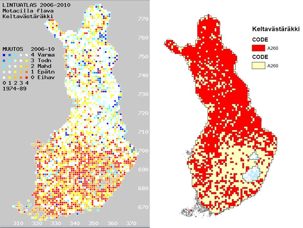 Kuva 3. Kunkin lintulajin esiintyminen raportoitiin vuoden 2013 raportoinnissa 10x10 km karttaruutuina. Lähtöaineistona oli vuonna 2010 julkaistu Suomen III lintuatlas.