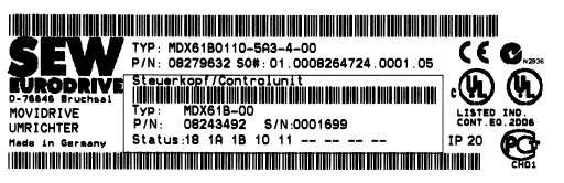 90 1799727243 3.1.4 Esimerkki: Taajuusmuuttajakokonaisuuden tyyppikilpi, rakennekoot 1 7 Mallissa MDX61B.