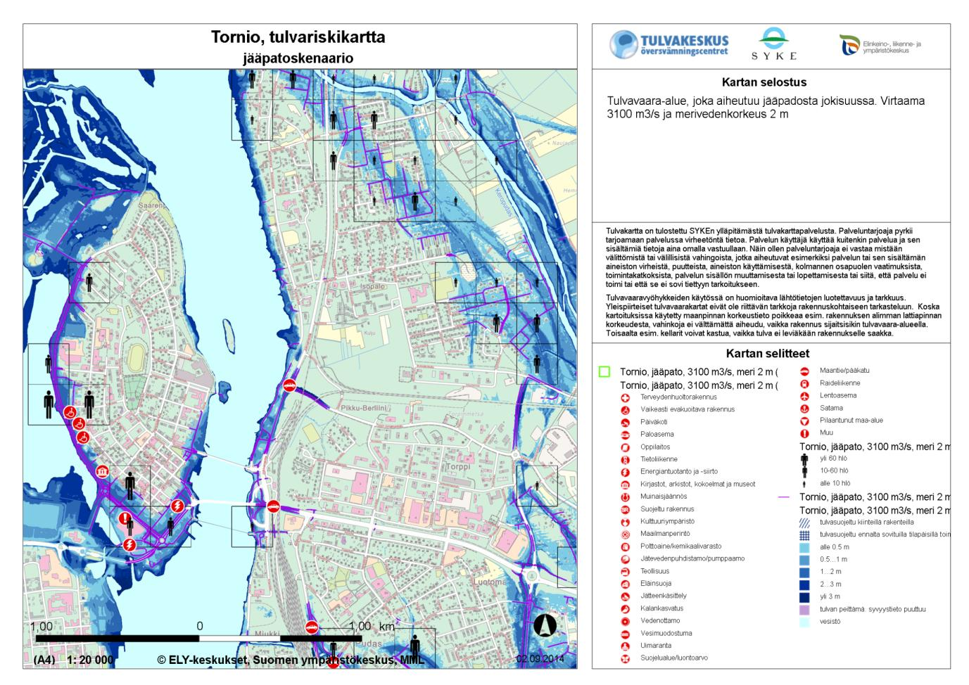 Tulvavaara- ja tulvariskikartat Tulvavaarakartta kuvaa veden alle jäävät alueet ja vesisyvyyden sekä vallitsevan vedenkorkeuden tietyllä tulvan todennäköisyydellä.