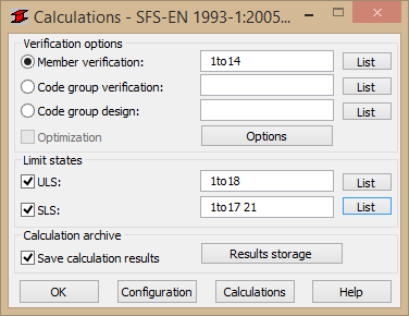 42 Kuva 31. Calculations -työkalun valinnat. Kun klikataan Calculations, ohjelma mitoittaa rakenteen jokaisen osan kestävyyden.