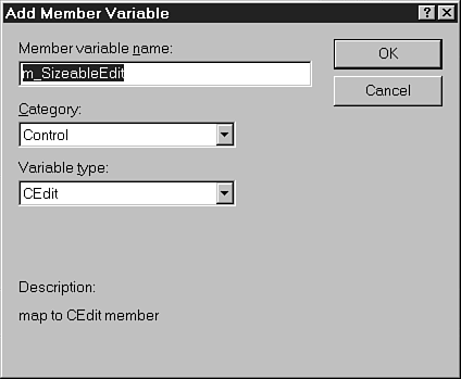 Nyt esillä tulisi olla ClassWizard-ikkunan ja siitä Member Variables välilehden valittuna. 4. Valitse sopiva kontrollin ID-tunnus Control IDs luettelosta (tässä IDC_SIZEABLE_EDIT).
