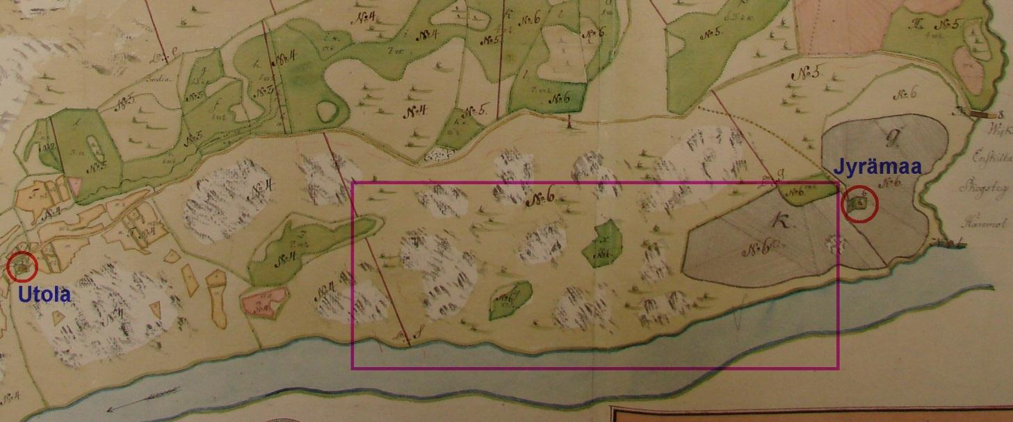 Idässä punaisella Jyränmaan vanha talotontti ja idempänä rannassa vanhoja myllytuvan paikkoja v. 1868 kartalta paikannettuna.