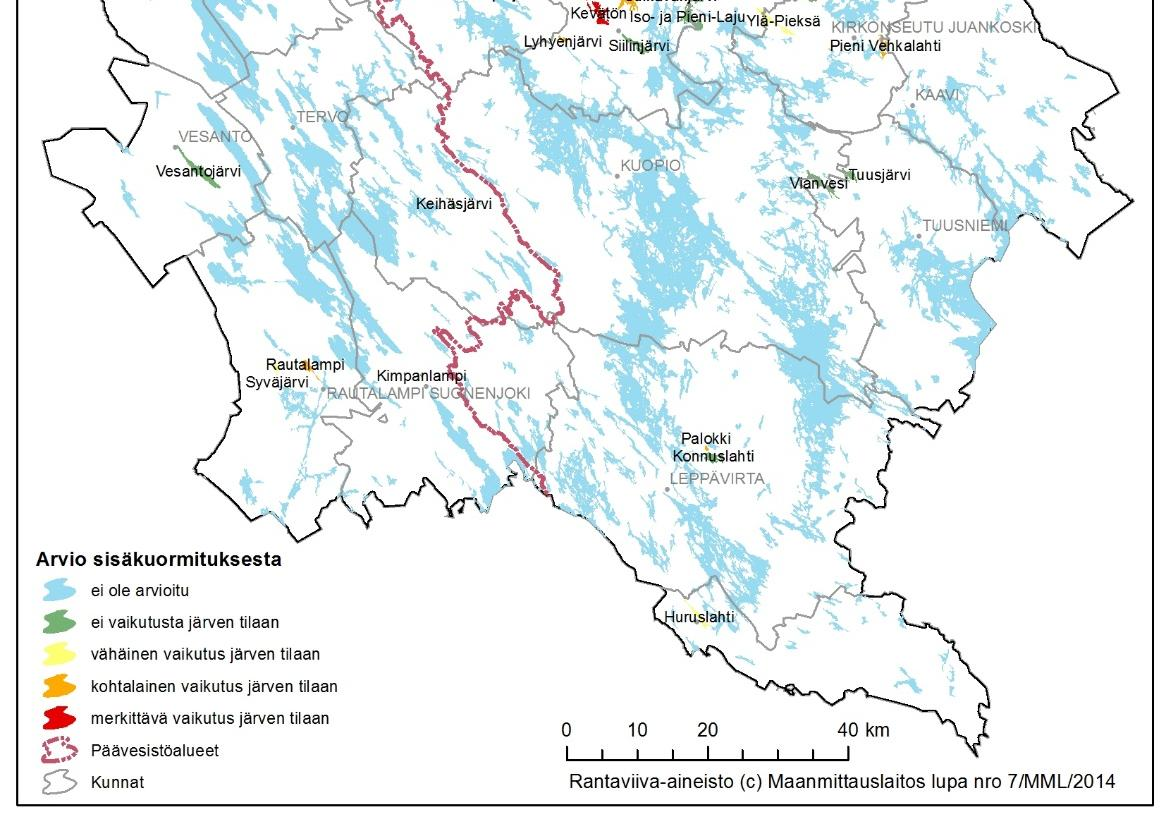 Sisäinen ravinnekuormitus Erityisesti Iisalmen reitillä sisäinen ravinnekuormitus merkittävä tekijä Sisäkuormituksen tarkka arviointi vaikeaa Osalla sisäkuormitteisista järvistä ulkoisen kuormituksen