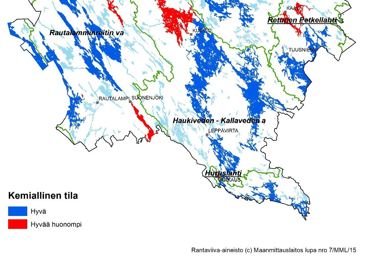 kemiallinen tila heikentynyt Retusen Petkallahdella (Ni) ja Varkauden Huruslahdella (TBT) Ahven elohopeapitoisuuden osalta ylityksiä runsaasti