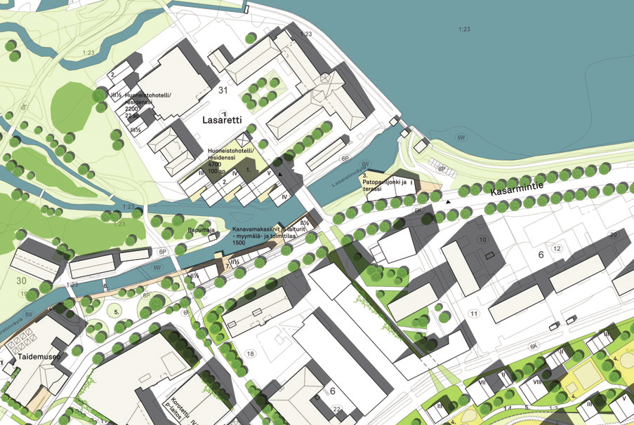 LASARETTI Kanavan varteen syntyy uusi rakennetumpi miljöö. Rantareitti tekee kanavan eteläisimmästä reunasta selkeästi julkisen ja jatkaa luontevasti Åströminrannan uutta reittiä.