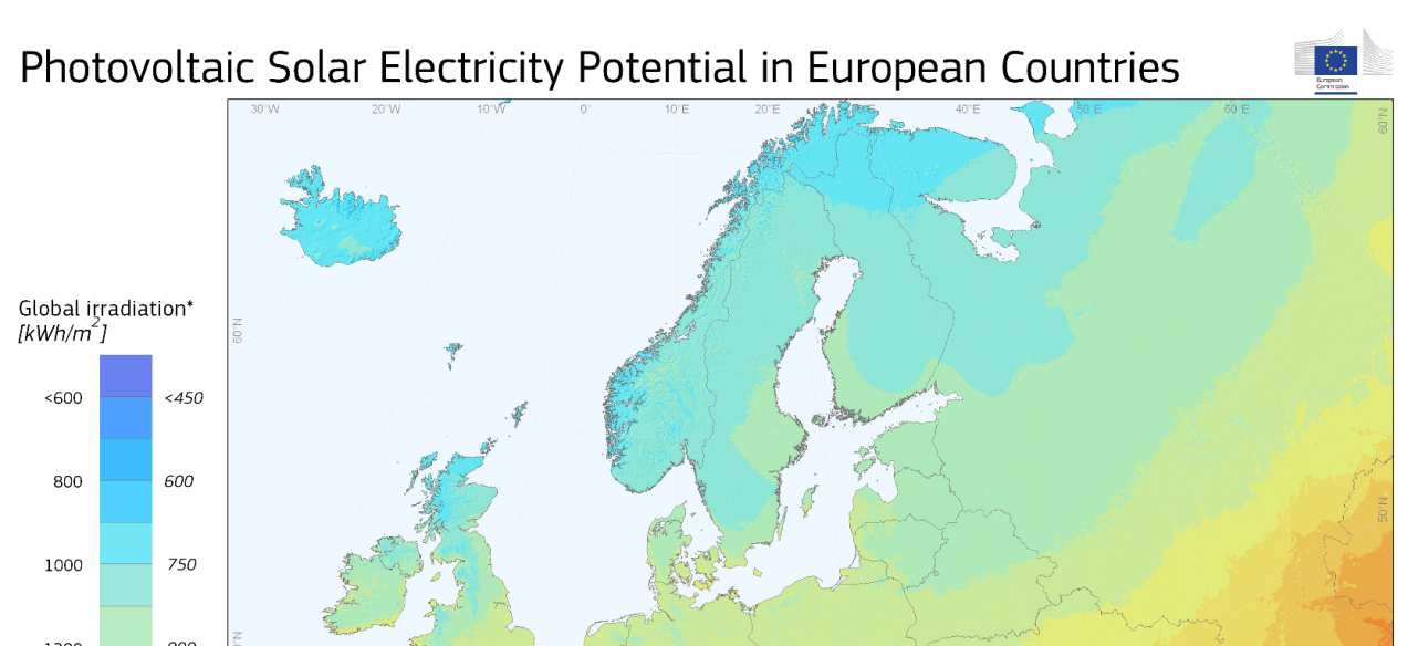3 KUVA 1. Aurinkosähkön potentiaali Euroopan maissa /15./ Aurinkoenergiaa saadaan hyödynnettyä rakennuksissa joko passiivisesti tai aktiivisesti.